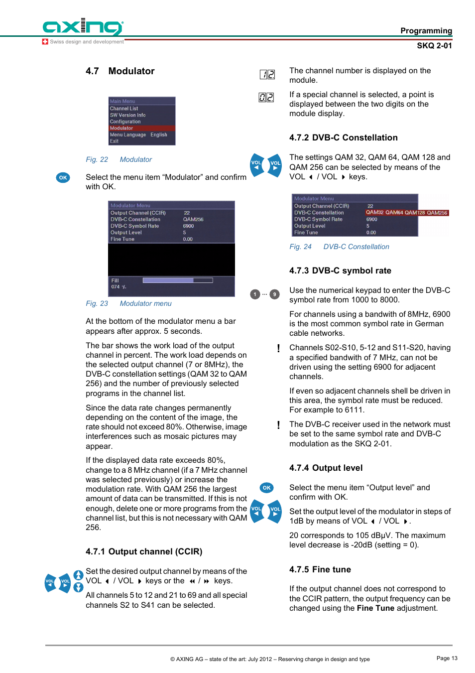 7 modulator, 1 output channel (ccir), 2 dvb-c constellation | 3 dvb-c symbol rate, 4 output level, 5 fine tune, Modulator | AXING SKQ 2-01 User Manual | Page 13 / 18