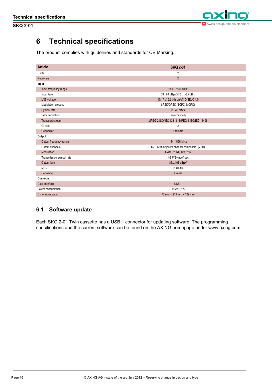 6 technical specifications, 1 software update, Technical specifications | Software update, 6technical specifications | AXING SKQ 2-01 User Manual | Page 16 / 18