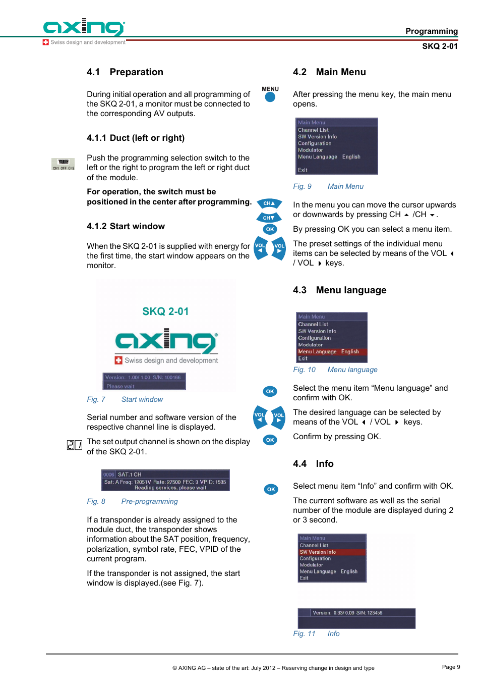 1 preparation, 1 duct (left or right), 2 start window | 2 main menu, 3 menu language, 4 info, Preparation, 1 duct (left or right) 4.1.2 start window 4.2, Main menu, Menu language | AXING SKQ 2-01 User Manual | Page 9 / 18