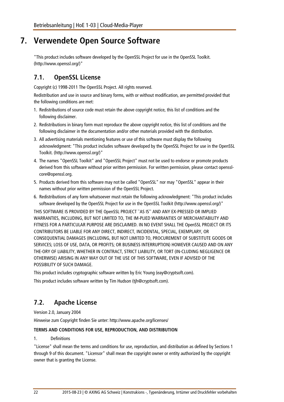 Verwendete open source software, Openssl license, Apache license | AXING HoE 1-03 User Manual | Page 22 / 67