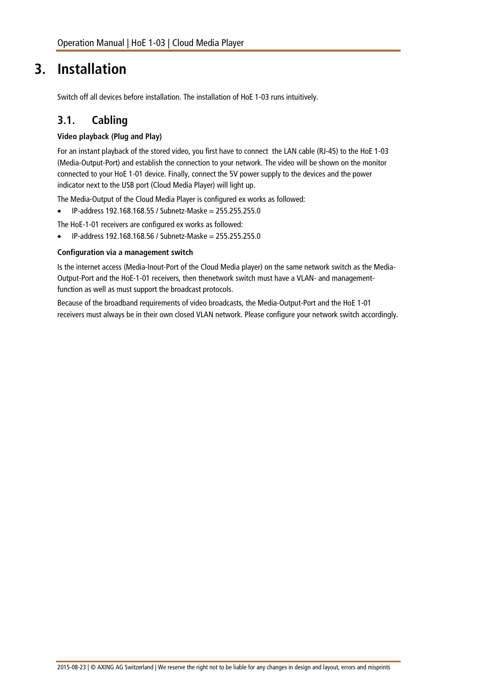 Installation, Cabling | AXING HoE 1-03 User Manual | Page 42 / 67