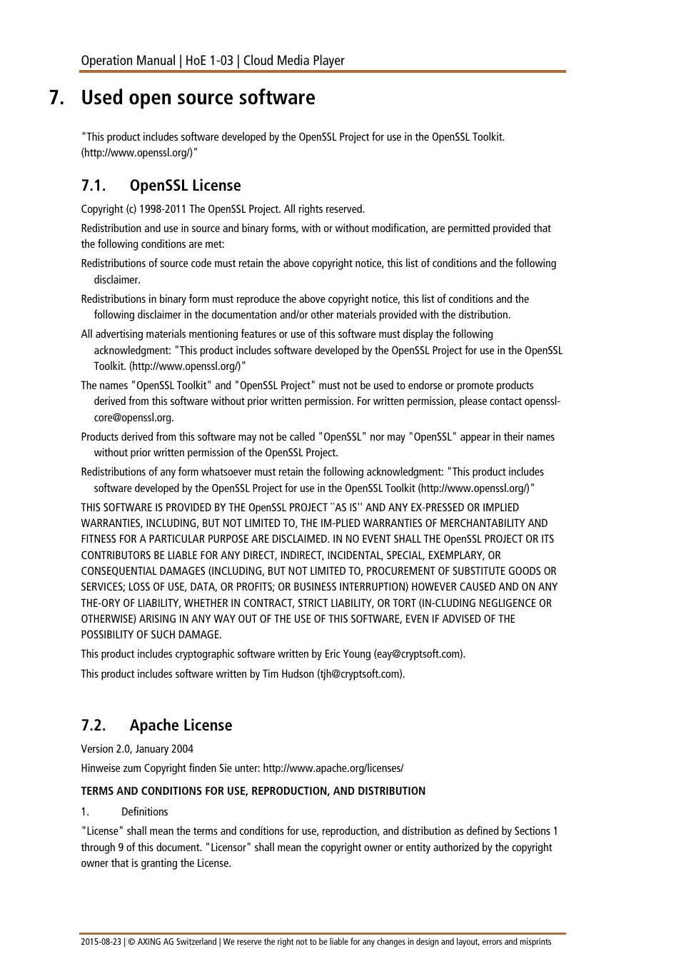 Used open source software, Openssl license, Apache license | AXING HoE 1-03 User Manual | Page 56 / 67