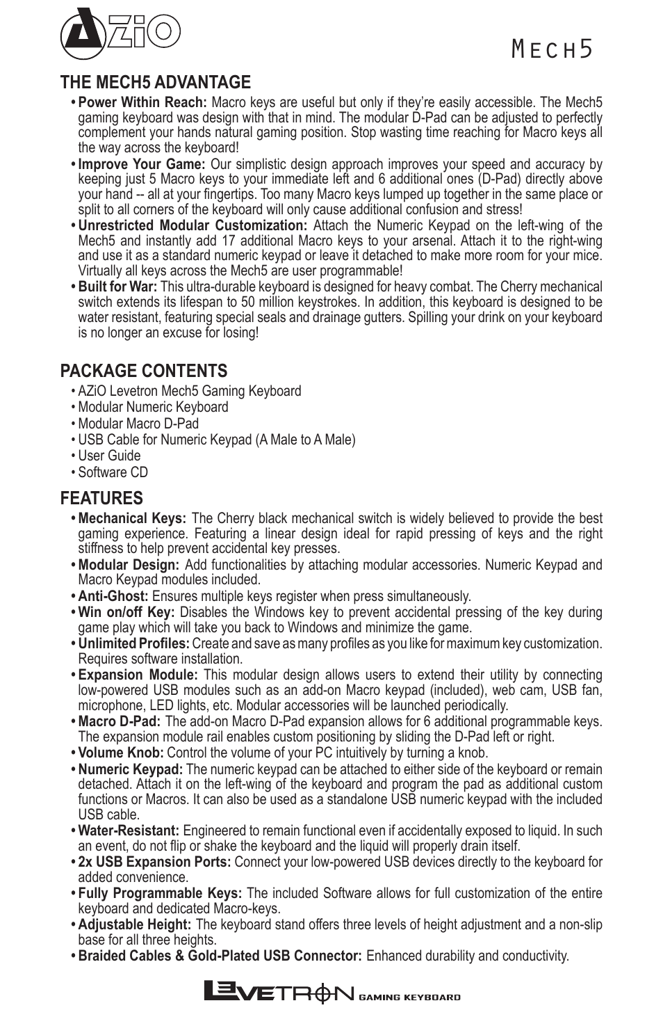 Mech5, The mech5 advantage, Package contents | Features | Azio Levetron Mech5 Gaming Keyboard (KB577U) User Manual | Page 2 / 12