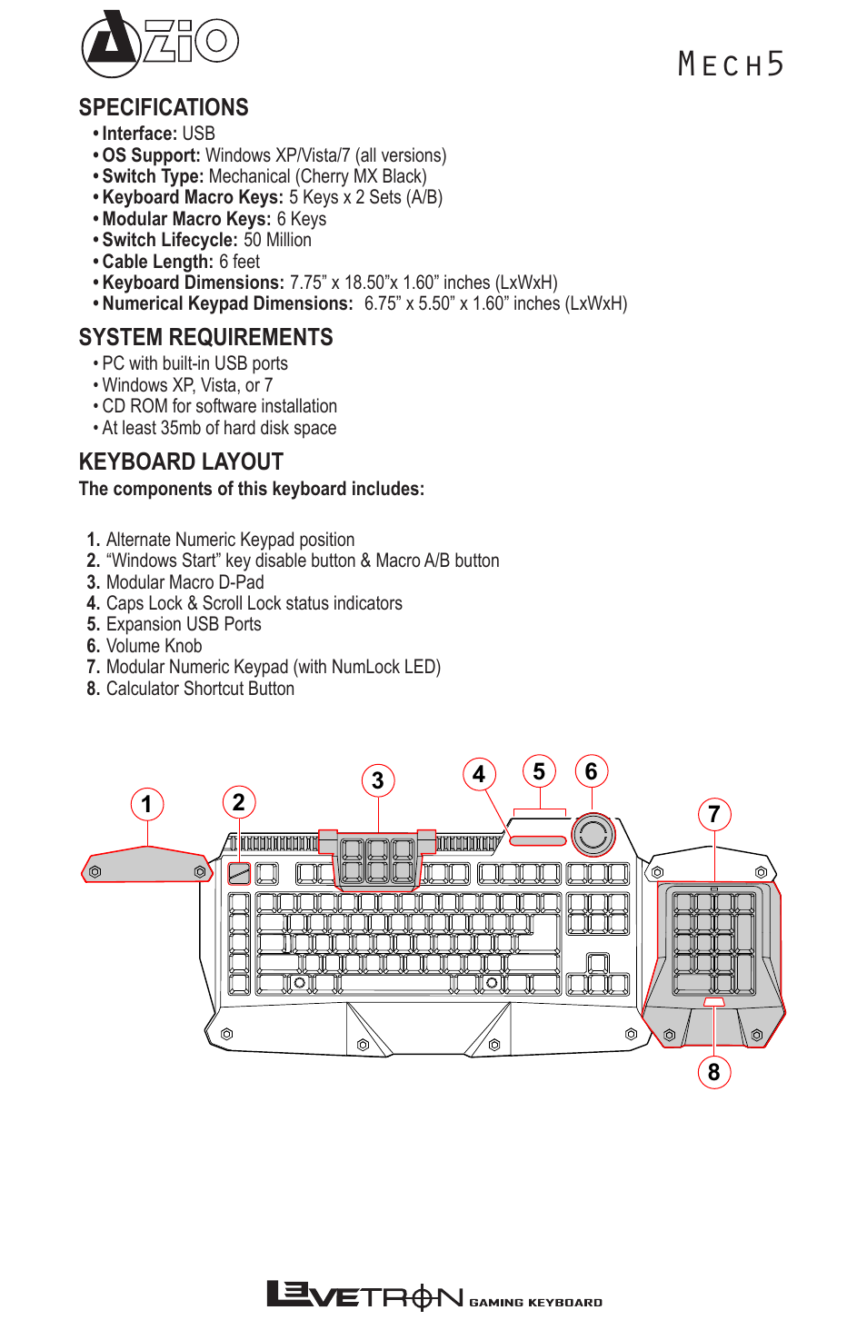 Mech5 | Azio Levetron Mech5 Gaming Keyboard (KB577U) User Manual | Page 3 / 12