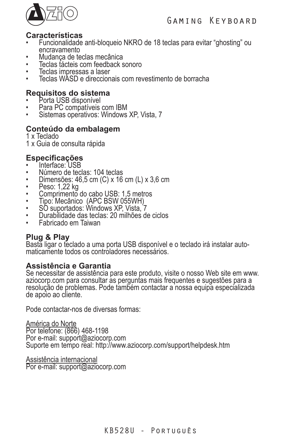 Gaming keyboard | Azio Levetron Clicker Mechanical Keyboard (KB528U) User Manual | Page 10 / 20