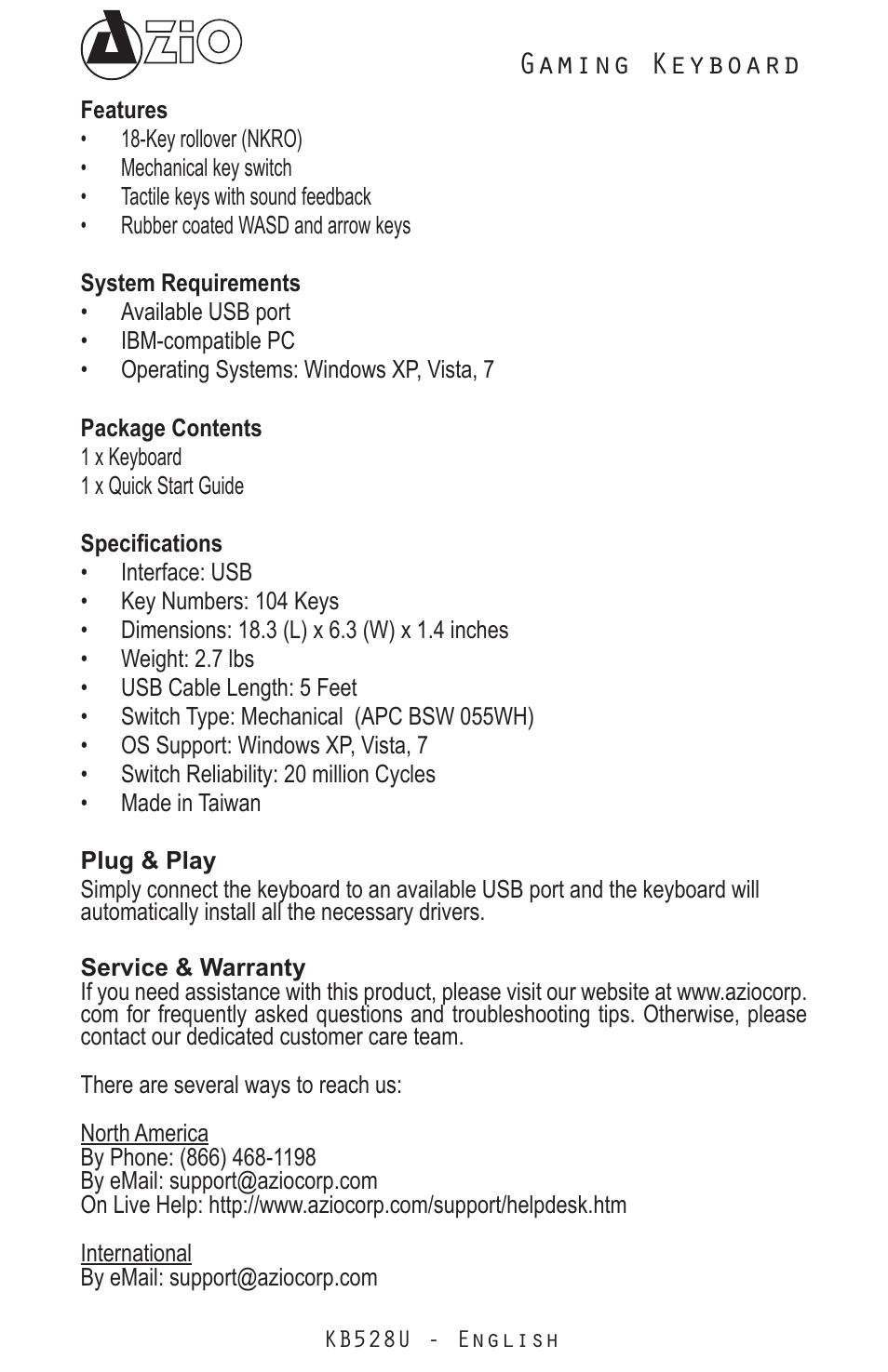 Gaming keyboard | Azio Levetron Clicker Mechanical Keyboard (KB528U) User Manual | Page 2 / 20