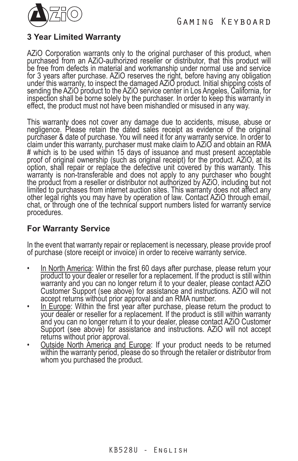 Gaming keyboard | Azio Levetron Clicker Mechanical Keyboard (KB528U) User Manual | Page 3 / 20