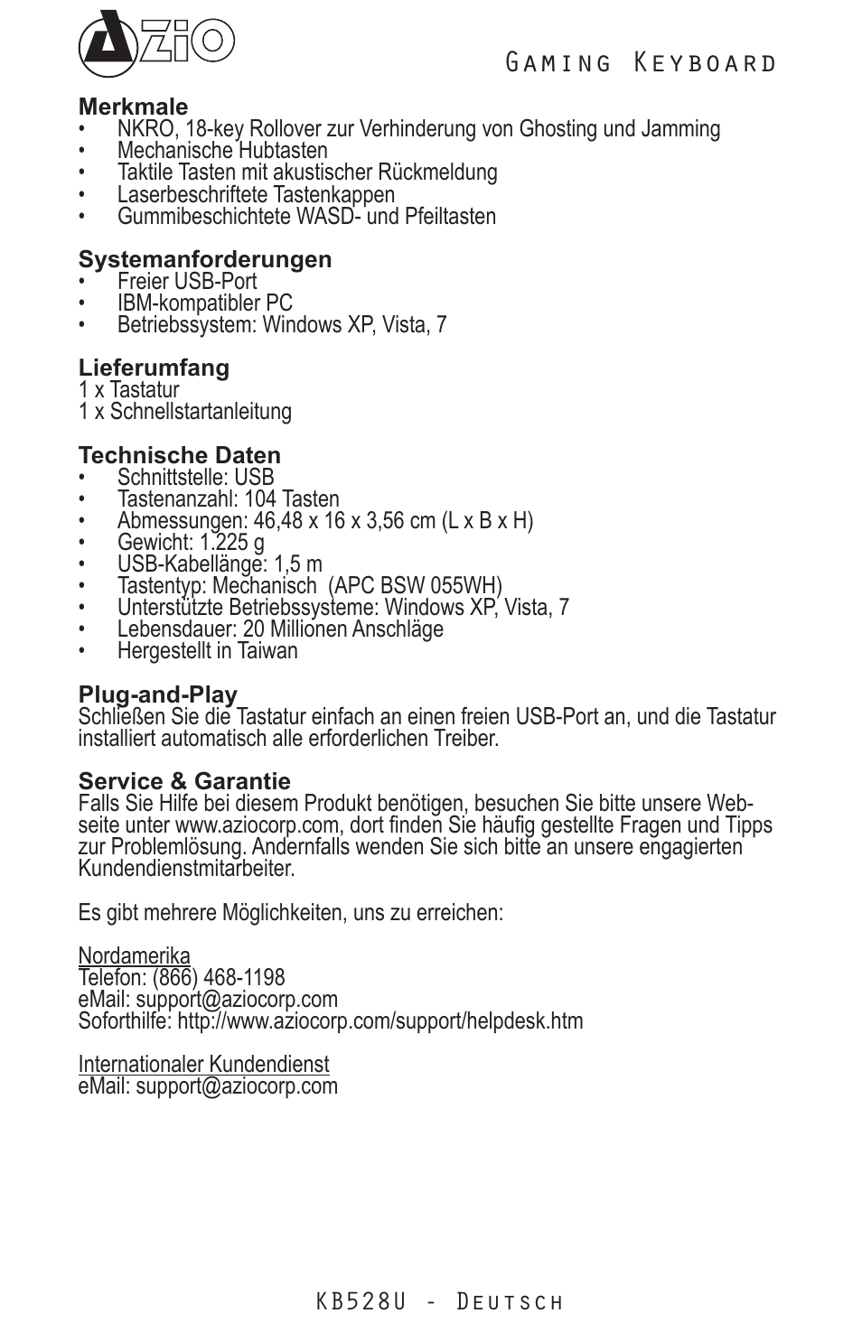 Gaming keyboard | Azio Levetron Clicker Mechanical Keyboard (KB528U) User Manual | Page 6 / 20