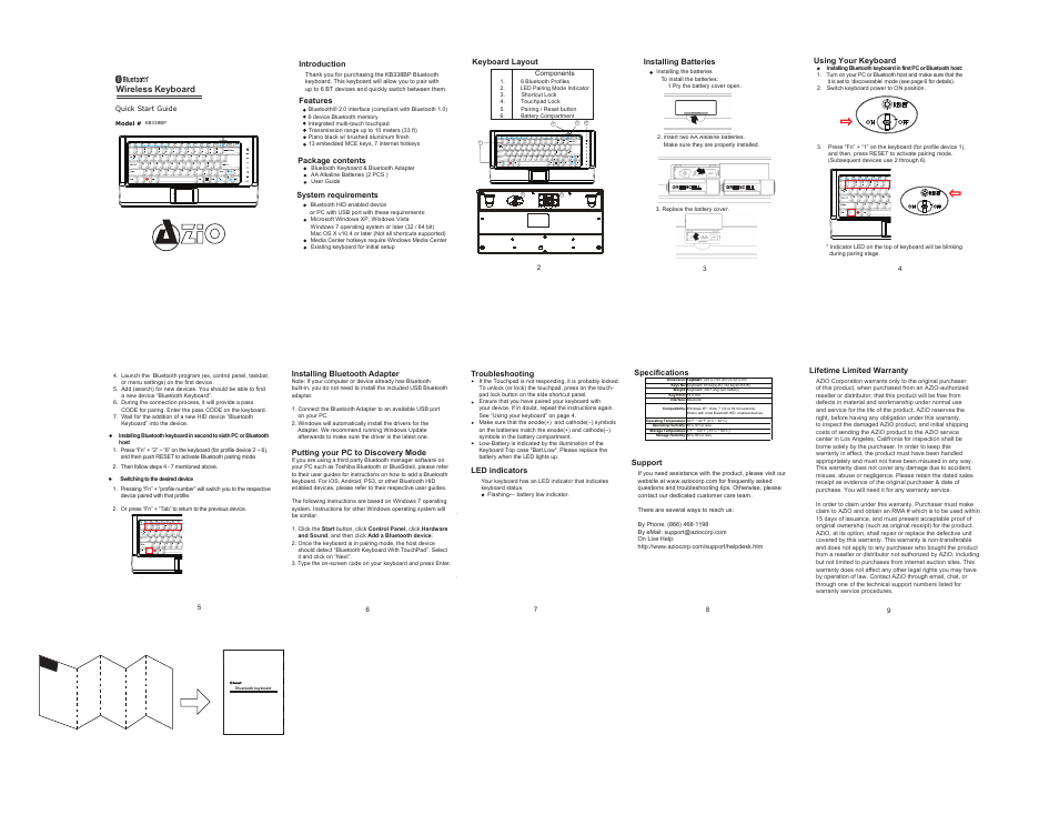 Azio Wireless Bluetooth Keyboard with Trackpad (KB338BP) User Manual | 1 page