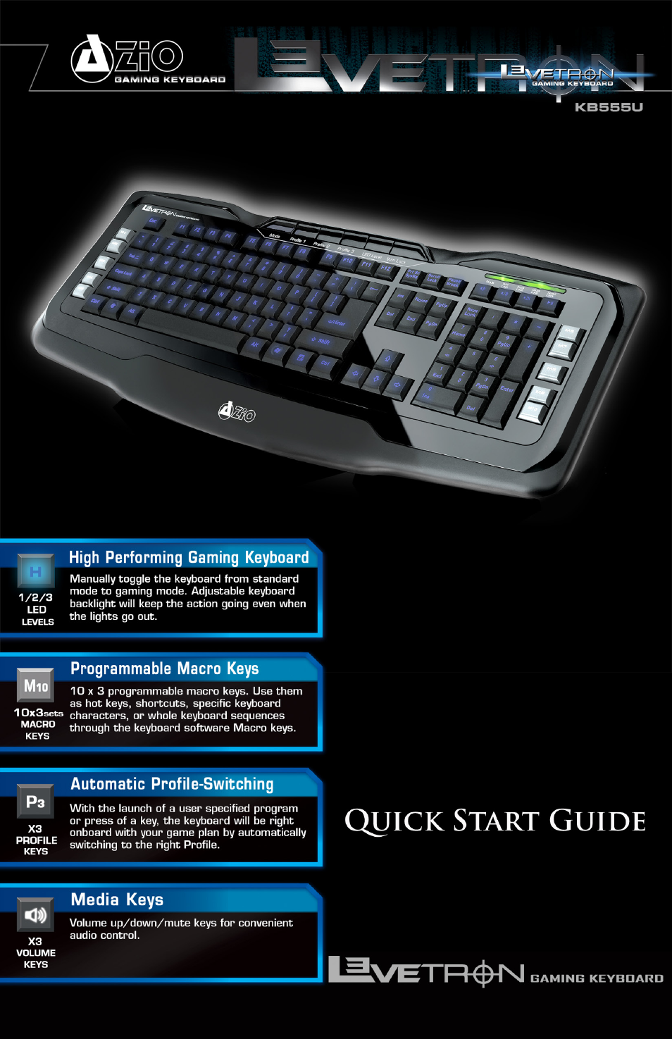 Azio Levetron Backlit Programmable Gaming Keyboard (KB555U) User Manual | 10 pages