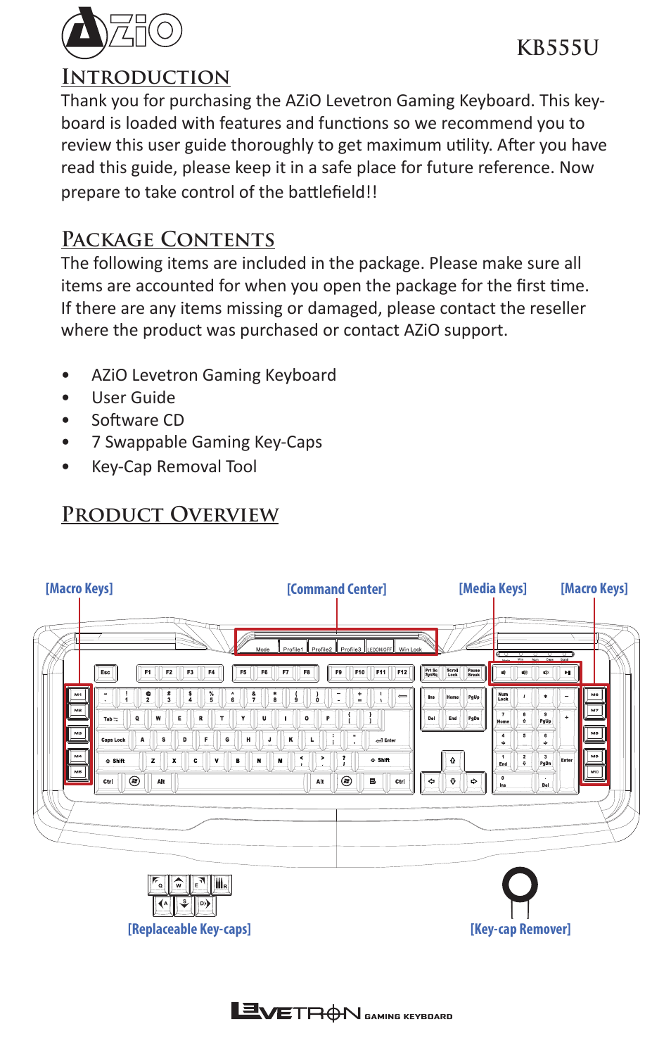 Azio Levetron Backlit Programmable Gaming Keyboard (KB555U) User Manual | Page 2 / 10
