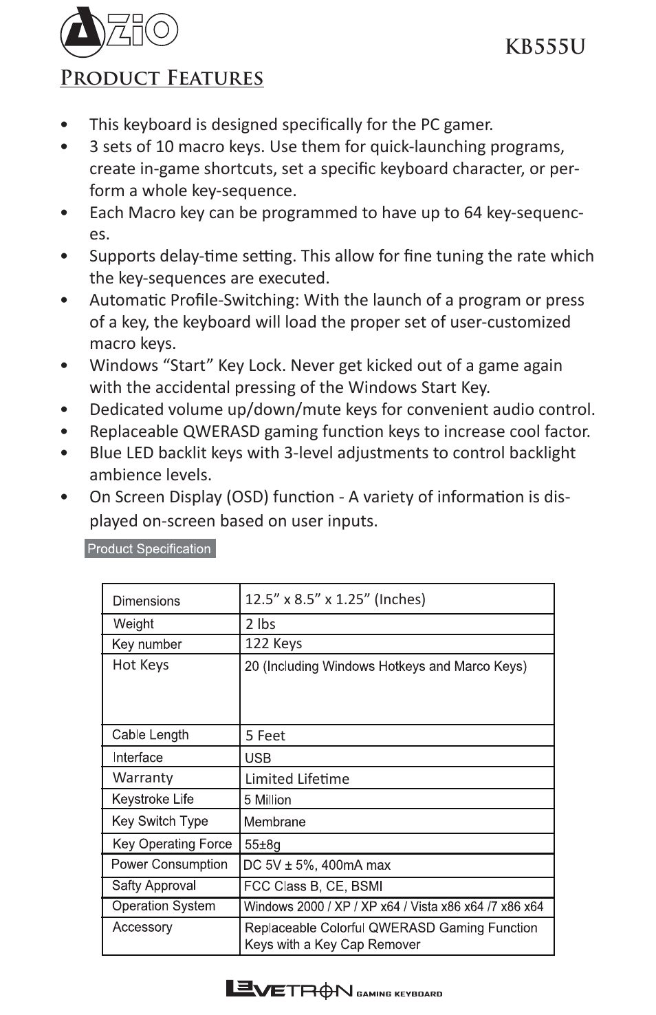 Azio Levetron Backlit Programmable Gaming Keyboard (KB555U) User Manual | Page 4 / 10