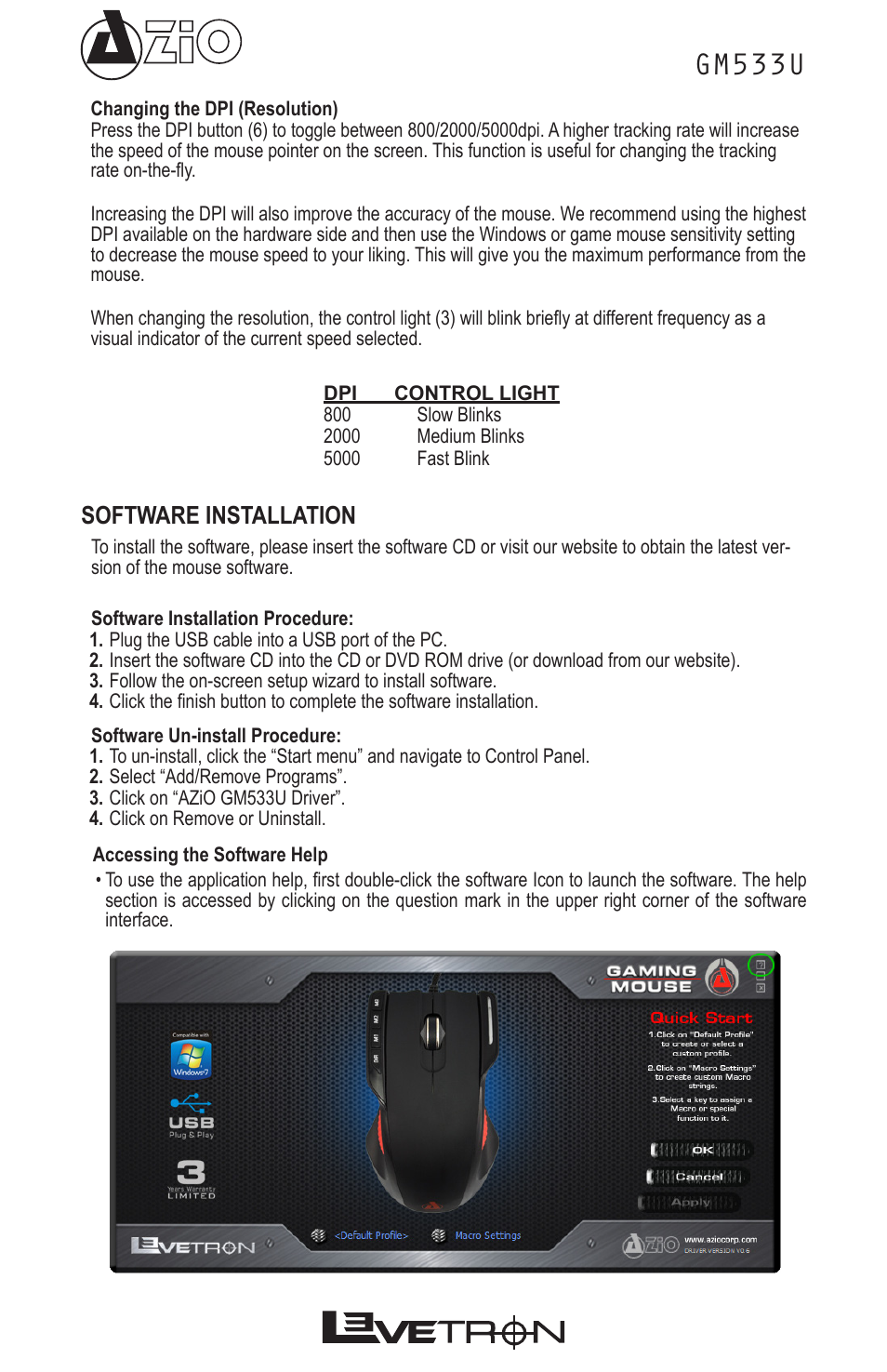 Gm533u, Software installation | Azio Levetron 5000dpi Programmable Gaming Mouse (GM533U) User Manual | Page 4 / 10