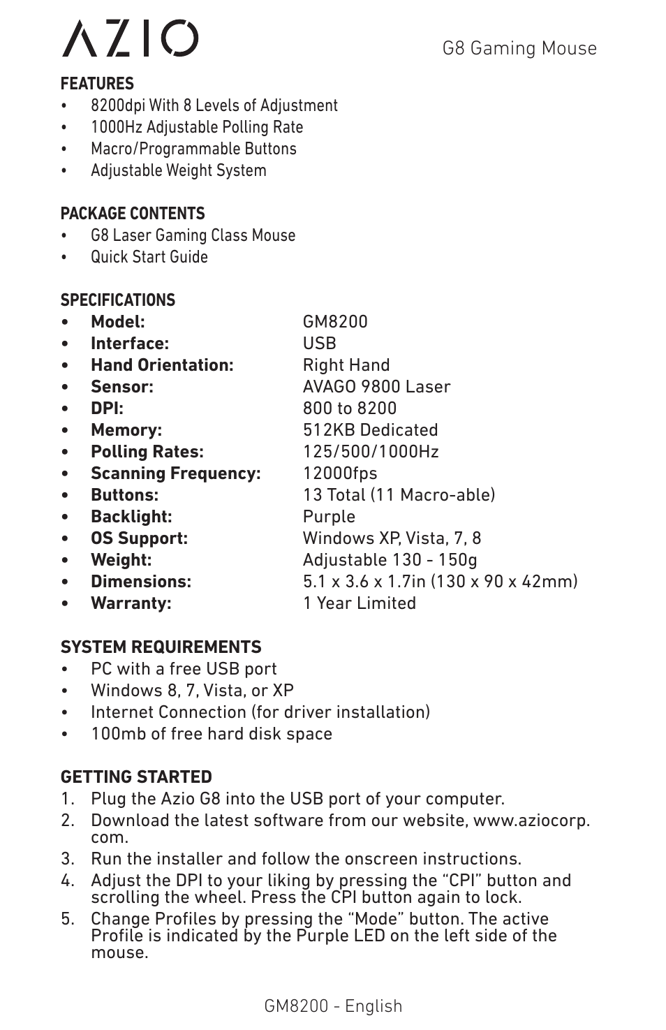 Azio G8 Laser Gaming Class Mouse (GM8200) User Manual | Page 2 / 10