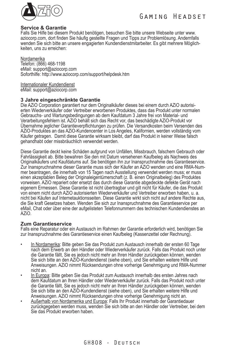 Gaming headset, Gh808 - deutsch | Azio Levetron GH808 USB Gaming Headset (GH808) User Manual | Page 13 / 30