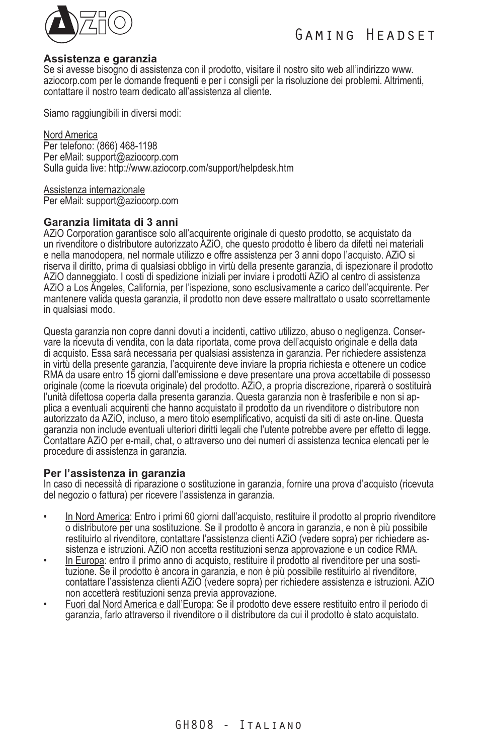 Gaming headset, Gh808 - italiano | Azio Levetron GH808 USB Gaming Headset (GH808) User Manual | Page 17 / 30
