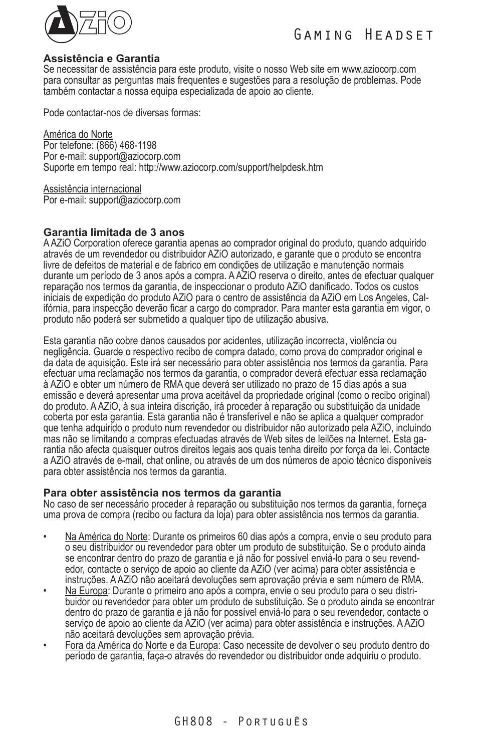 Gaming headset, Gh808 - português | Azio Levetron GH808 USB Gaming Headset (GH808) User Manual | Page 21 / 30