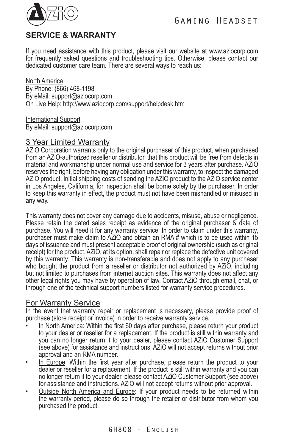 Gaming headset | Azio Levetron GH808 USB Gaming Headset (GH808) User Manual | Page 5 / 30
