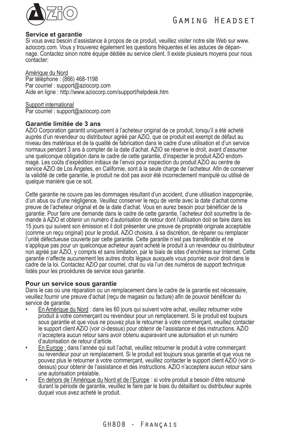 Gaming headset, Gh808 - français | Azio Levetron GH808 USB Gaming Headset (GH808) User Manual | Page 9 / 30