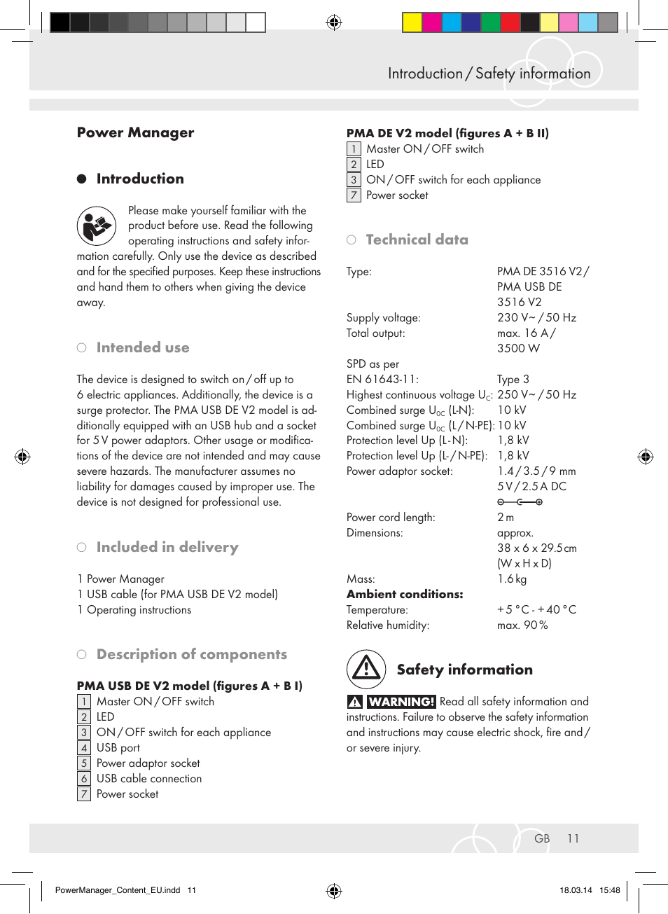 Introduction / safety information, Power manager, Introduction | Intended use, Included in delivery, Description of components, Technical data, Safety information | Brennenstuhl Power Manager PMA 19.500A surge protection 6-way 2m H05VV-F 3G1,5 User Manual | Page 11 / 127