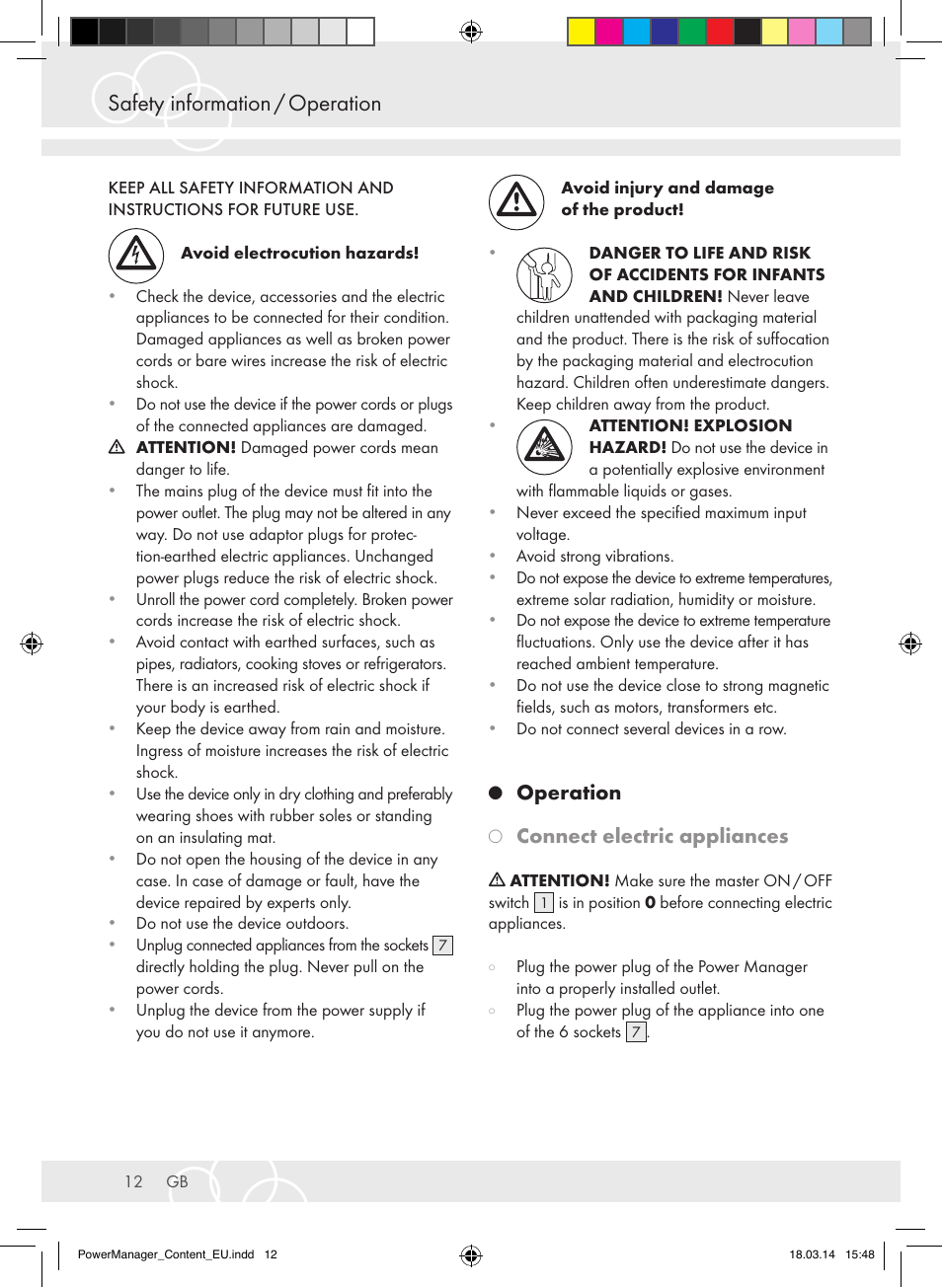 Safety information / operation, Operation, Connect electric appliances | Brennenstuhl Power Manager PMA 19.500A surge protection 6-way 2m H05VV-F 3G1,5 User Manual | Page 12 / 127