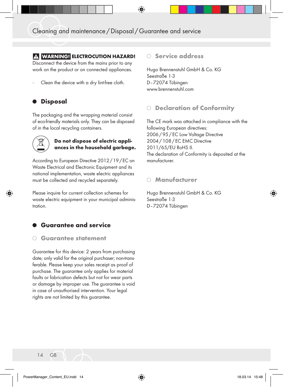 Disposal, Guarantee and service, Guarantee statement | Service address, Declaration of conformity, Manufacturer | Brennenstuhl Power Manager PMA 19.500A surge protection 6-way 2m H05VV-F 3G1,5 User Manual | Page 14 / 127