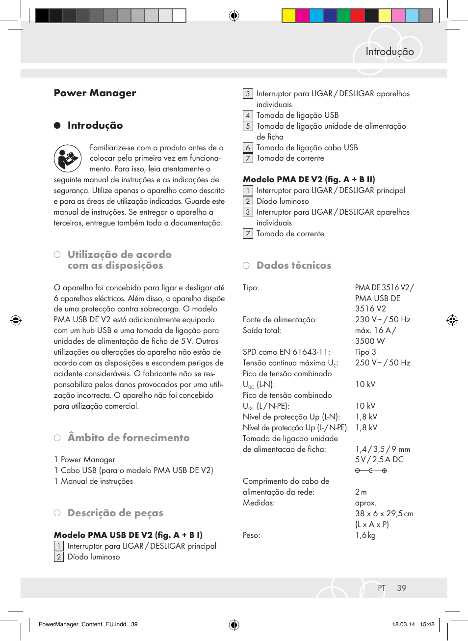Introdução, Power manager, Utilização de acordo com as disposições | Âmbito de fornecimento, Descrição de peças, Dados técnicos | Brennenstuhl Power Manager PMA 19.500A surge protection 6-way 2m H05VV-F 3G1,5 User Manual | Page 39 / 127