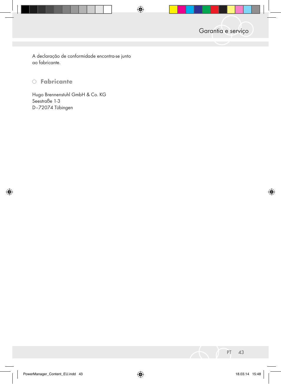 Garantia e serviço, Fabricante | Brennenstuhl Power Manager PMA 19.500A surge protection 6-way 2m H05VV-F 3G1,5 User Manual | Page 43 / 127