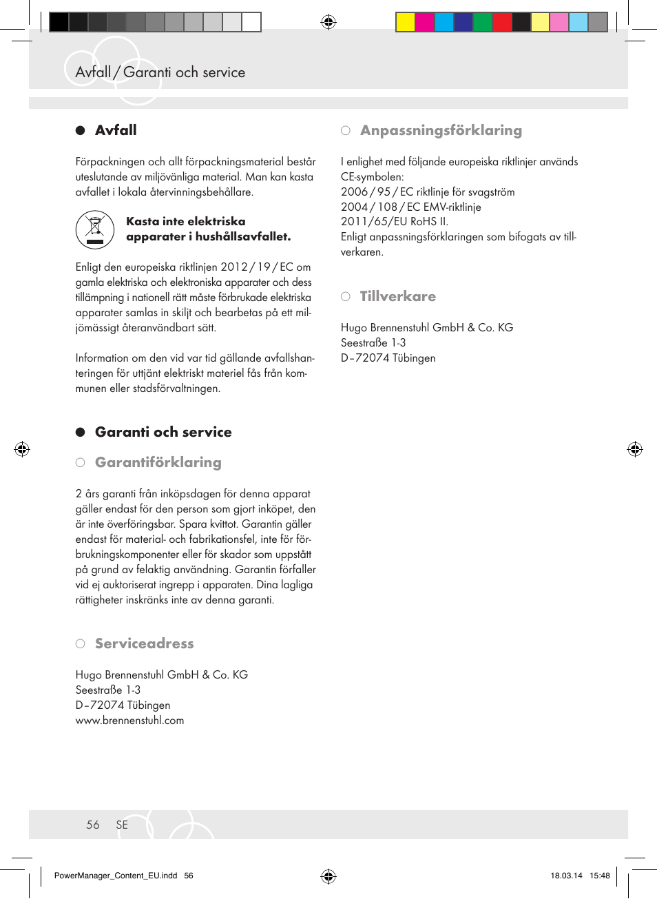 Avfall / garanti och service, Avfall, Garanti och service | Garantiförklaring, Serviceadress, Anpassningsförklaring, Tillverkare | Brennenstuhl Power Manager PMA 19.500A surge protection 6-way 2m H05VV-F 3G1,5 User Manual | Page 56 / 127