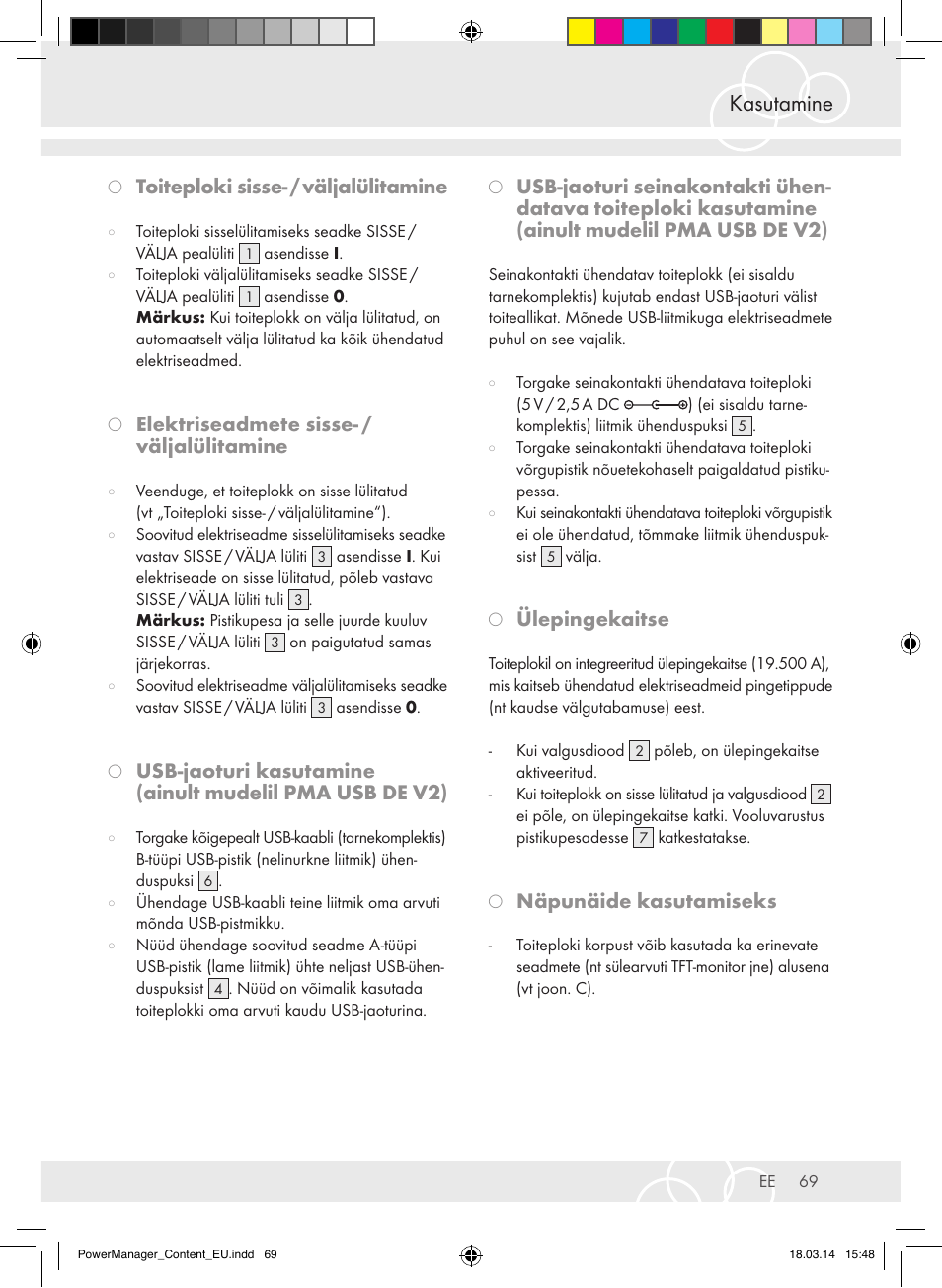 Kasutamine, Toiteploki sisse- / väljalülitamine, Elektriseadmete sisse- / väljalülitamine | Ülepingekaitse, Näpunäide kasutamiseks | Brennenstuhl Power Manager PMA 19.500A surge protection 6-way 2m H05VV-F 3G1,5 User Manual | Page 69 / 127
