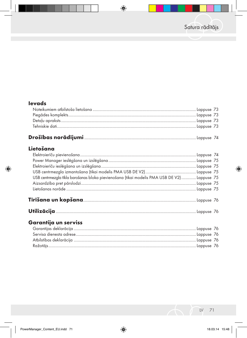Satura rādītājs, Ievads, Drošības norādījumi | Lietošana, Tīrīšana un kopšana, Utilizācija, Garantija un serviss | Brennenstuhl Power Manager PMA 19.500A surge protection 6-way 2m H05VV-F 3G1,5 User Manual | Page 71 / 127