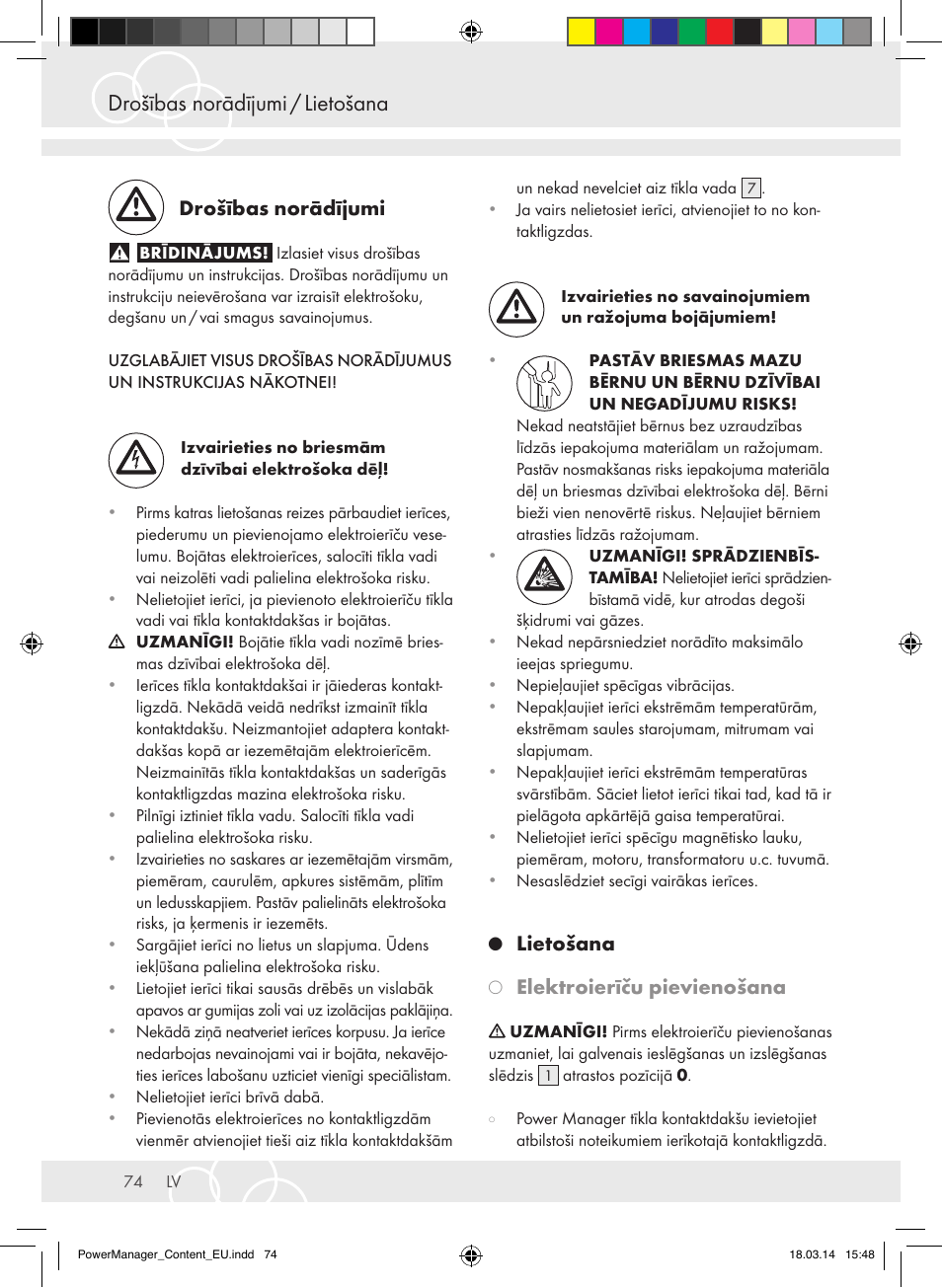 Drošības norādījumi / lietošana, Drošības norādījumi, Lietošana | Elektroierīču pievienošana | Brennenstuhl Power Manager PMA 19.500A surge protection 6-way 2m H05VV-F 3G1,5 User Manual | Page 74 / 127