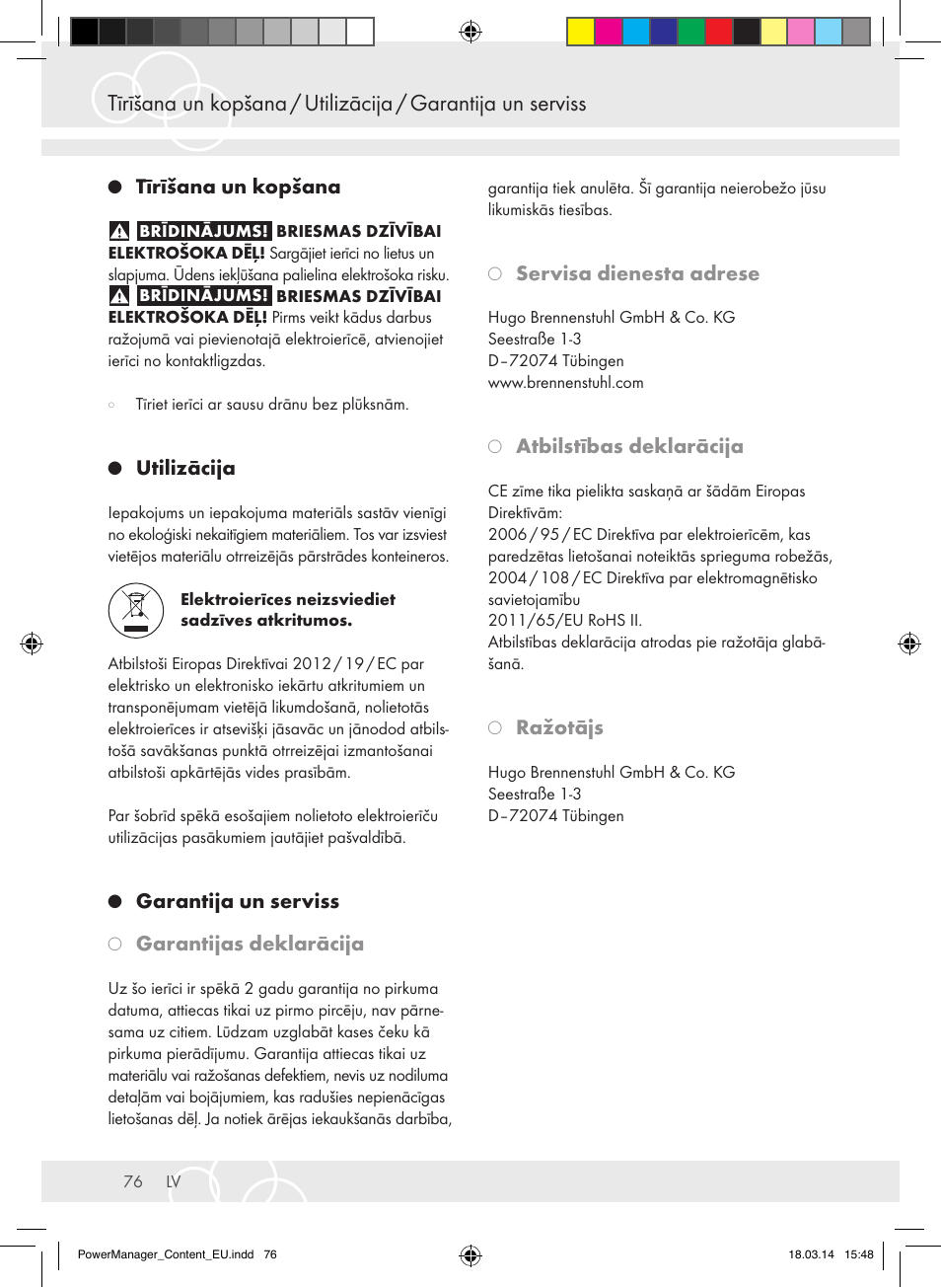Tīrīšana un kopšana, Utilizācija, Garantija un serviss | Garantijas deklarācija, Servisa dienesta adrese, Atbilstības deklarācija, Ražotājs | Brennenstuhl Power Manager PMA 19.500A surge protection 6-way 2m H05VV-F 3G1,5 User Manual | Page 76 / 127