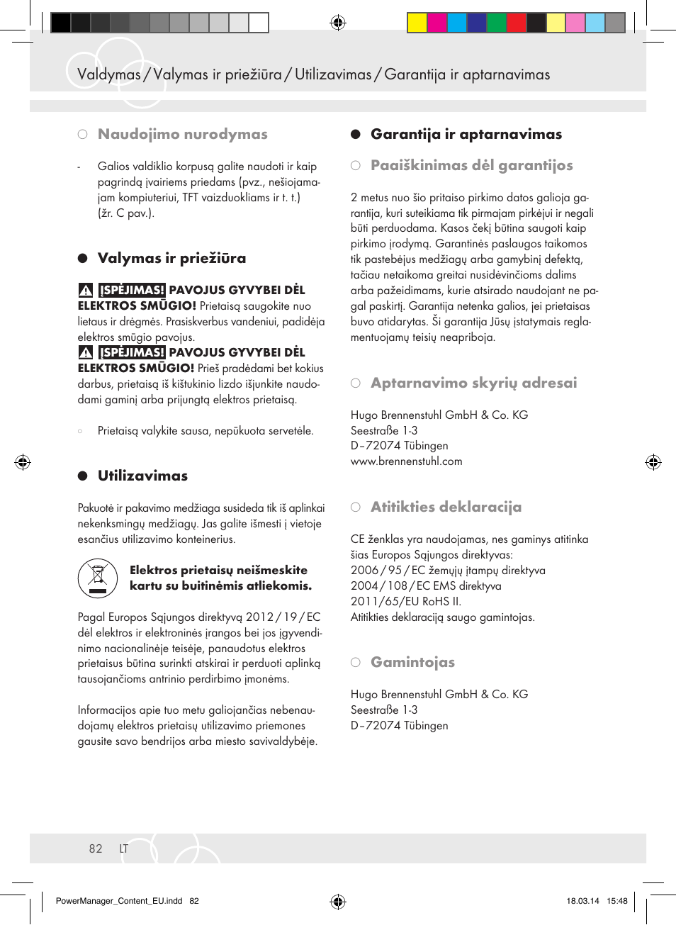 Naudojimo nurodymas, Valymas ir priežiūra, Utilizavimas | Garantija ir aptarnavimas, Paaiškinimas dėl garantijos, Aptarnavimo skyrių adresai, Atitikties deklaracija, Gamintojas | Brennenstuhl Power Manager PMA 19.500A surge protection 6-way 2m H05VV-F 3G1,5 User Manual | Page 82 / 127