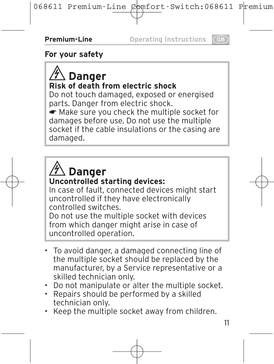Danger | Brennenstuhl Premium-Line Comfort Switch Plus extension socket 6-way black/light grey 3m H05VV-F 3G1,5 User Manual | Page 11 / 116