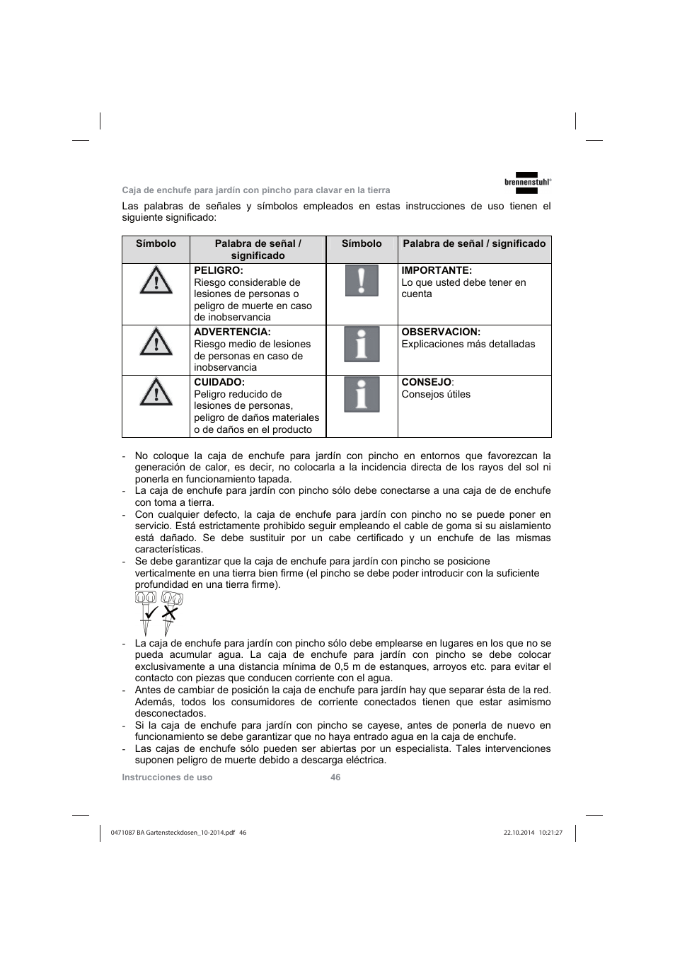 Brennenstuhl Socket outlet with earth rod IP44 2-way 1,4m H07RN-F 3G1,5 User Manual | Page 46 / 76