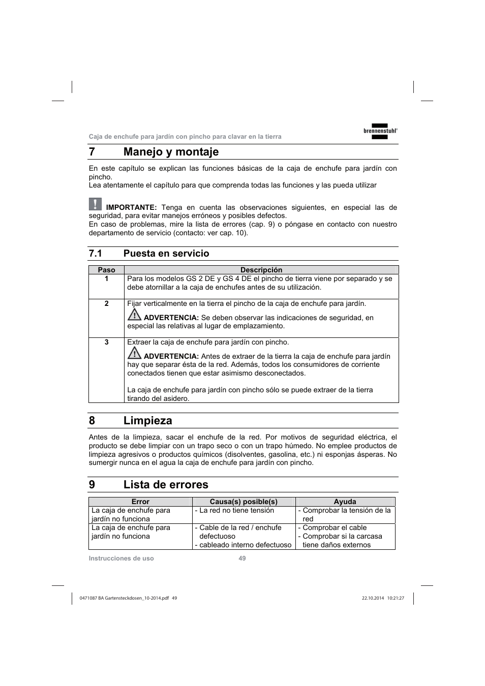7 manejo y montaje, 8 limpieza, 9 lista de errores | 1 puesta en servicio | Brennenstuhl Socket outlet with earth rod IP44 2-way 1,4m H07RN-F 3G1,5 User Manual | Page 49 / 76