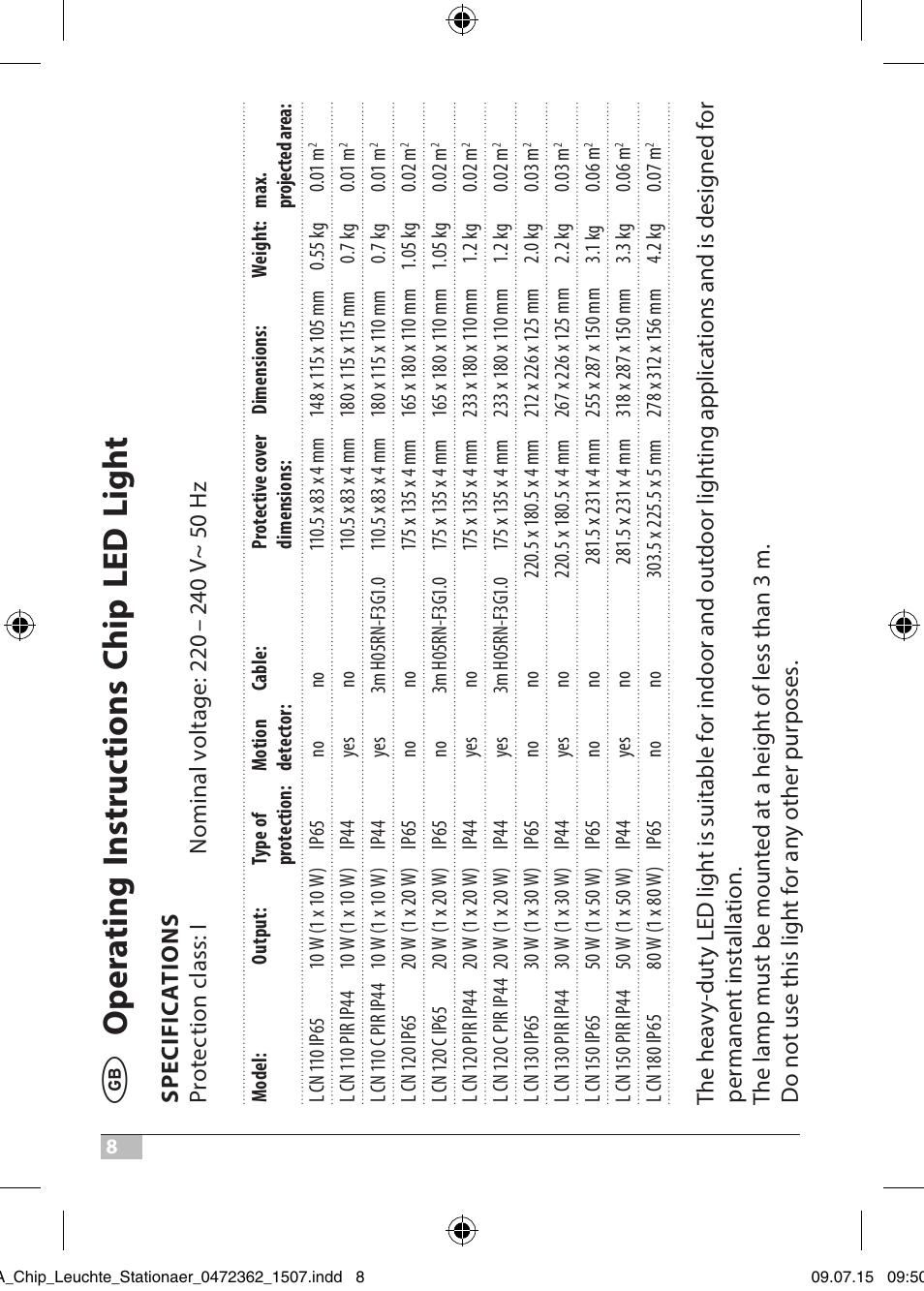 Ope ra ti ng in st ruc ti on s c hip l ed l igh t | Brennenstuhl Chip LED Light L CN 110 IP65 10W 700lm Energy efficiency class A User Manual | Page 8 / 104