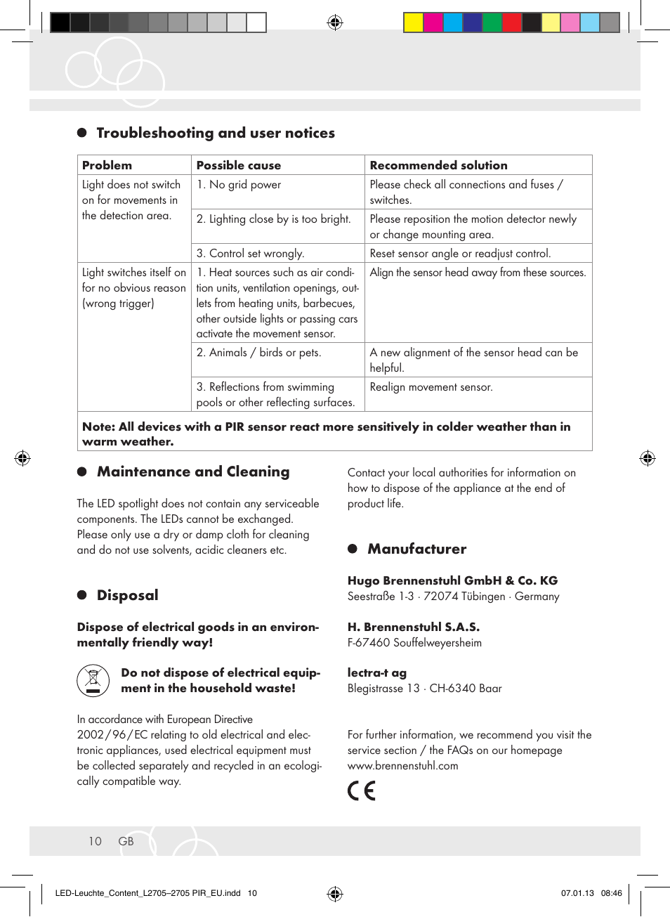 Maintenance and cleaning, Disposal, Manufacturer | Troubleshooting and user notices | Brennenstuhl Power LED Lamp L2705 IP44 27x0,5W 1080lm Energy efficiency class A User Manual | Page 10 / 72