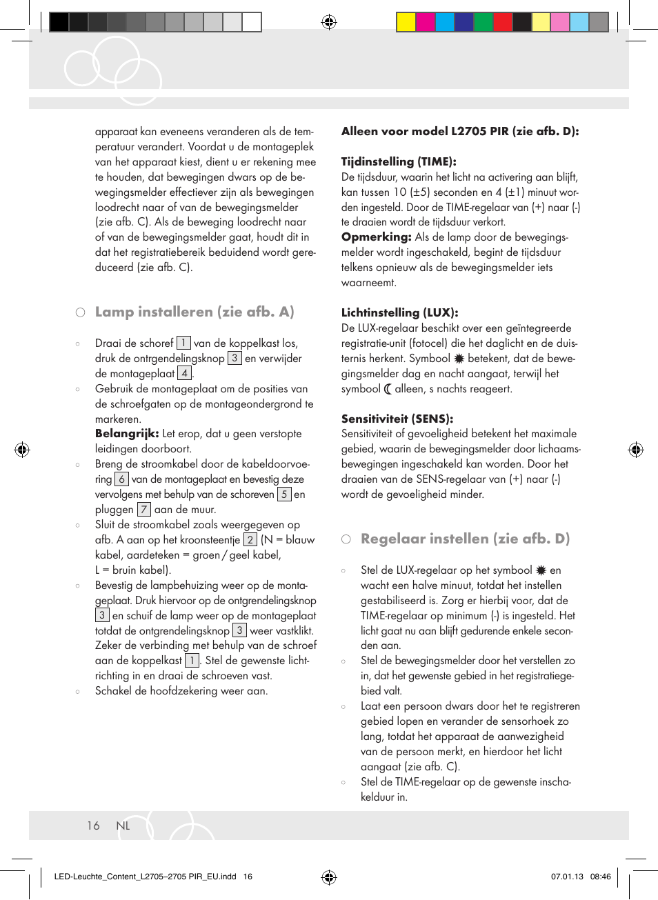 Lamp installeren (zie afb. a), Regelaar instellen (zie afb. d) | Brennenstuhl Power LED Lamp L2705 IP44 27x0,5W 1080lm Energy efficiency class A User Manual | Page 16 / 72