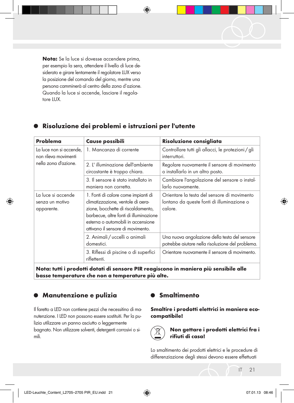 Risoluzione dei problemi e istruzioni per l'utente, Manutenzione e pulizia, Smaltimento | Brennenstuhl Power LED Lamp L2705 IP44 27x0,5W 1080lm Energy efficiency class A User Manual | Page 21 / 72