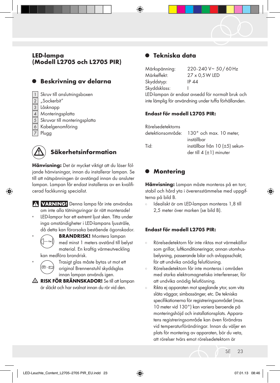Säkerhetsinformation, Tekniska data, Montering | Brennenstuhl Power LED Lamp L2705 IP44 27x0,5W 1080lm Energy efficiency class A User Manual | Page 23 / 72