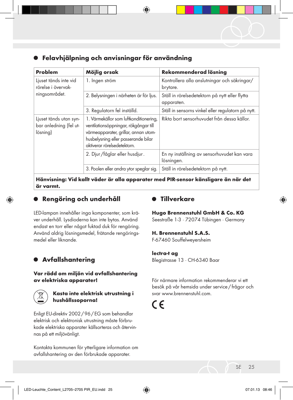 Rengöring och underhåll, Avfallshantering, Tillverkare | Felavhjälpning och anvisningar för användning | Brennenstuhl Power LED Lamp L2705 IP44 27x0,5W 1080lm Energy efficiency class A User Manual | Page 25 / 72