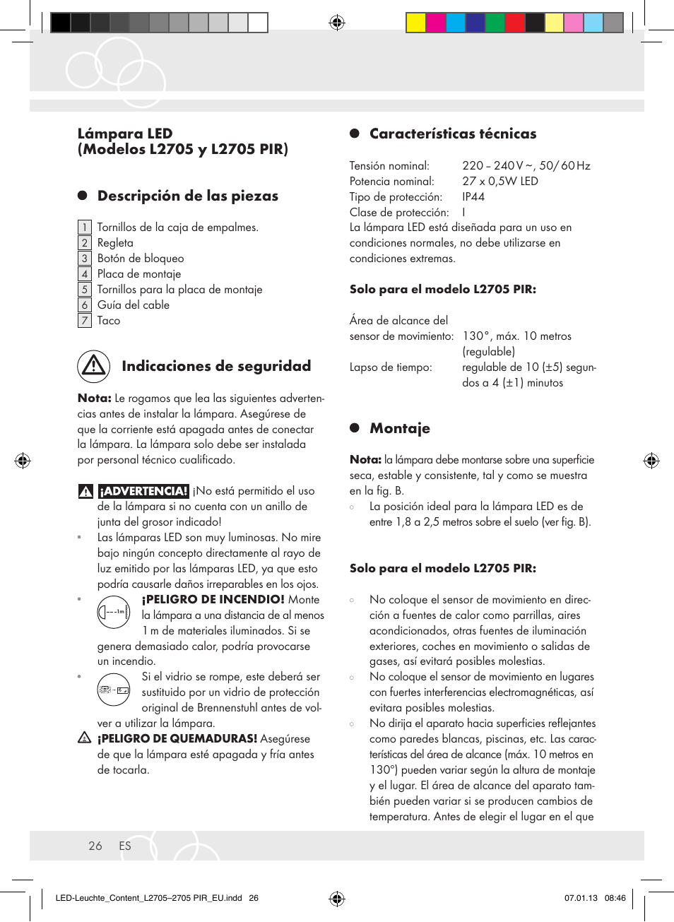 Indicaciones de seguridad, Características técnicas, Montaje | Brennenstuhl Power LED Lamp L2705 IP44 27x0,5W 1080lm Energy efficiency class A User Manual | Page 26 / 72