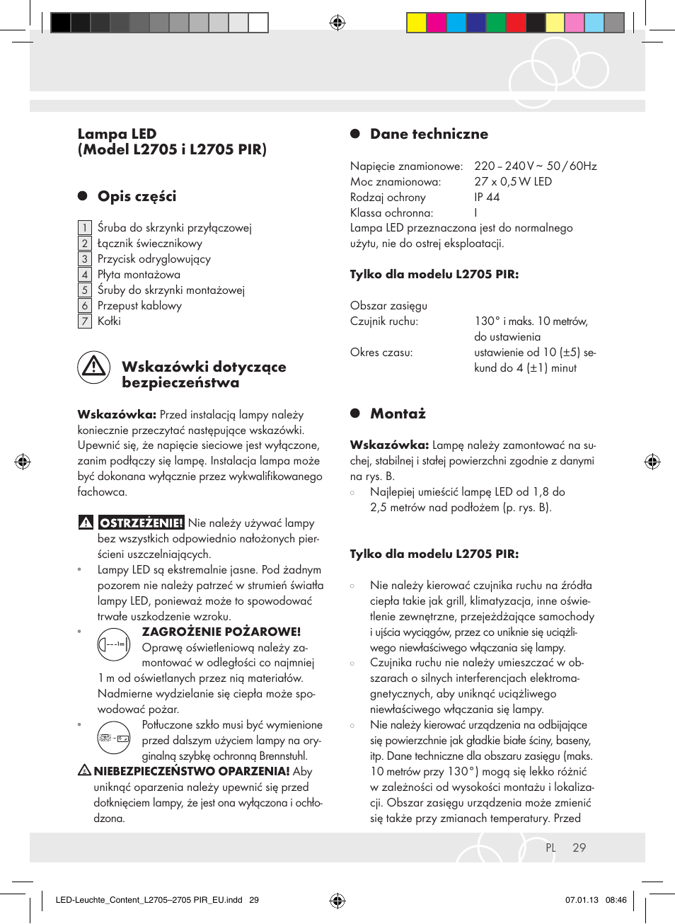 Wskazówki dotyczące bezpieczeństwa, Dane techniczne, Montaż | Brennenstuhl Power LED Lamp L2705 IP44 27x0,5W 1080lm Energy efficiency class A User Manual | Page 29 / 72