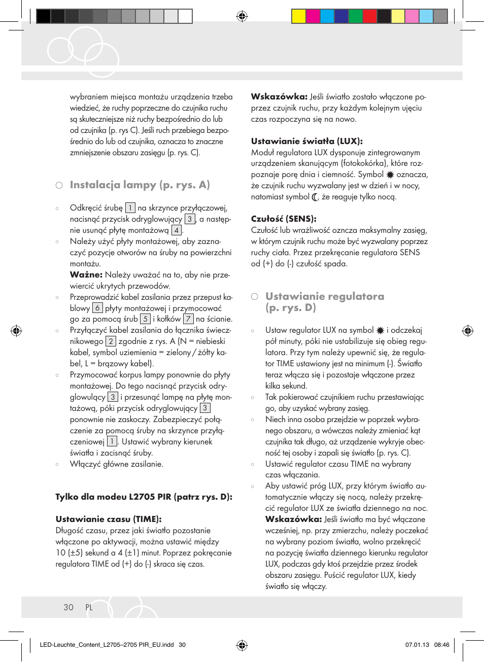 Instalacja lampy (p. rys. a), Ustawianie regulatora (p. rys. d) | Brennenstuhl Power LED Lamp L2705 IP44 27x0,5W 1080lm Energy efficiency class A User Manual | Page 30 / 72