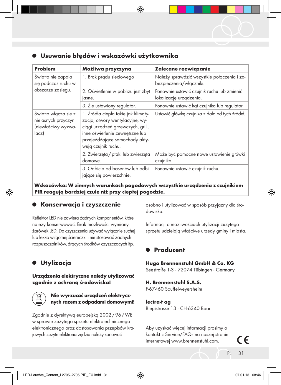 Utylizacja, Producent | Brennenstuhl Power LED Lamp L2705 IP44 27x0,5W 1080lm Energy efficiency class A User Manual | Page 31 / 72