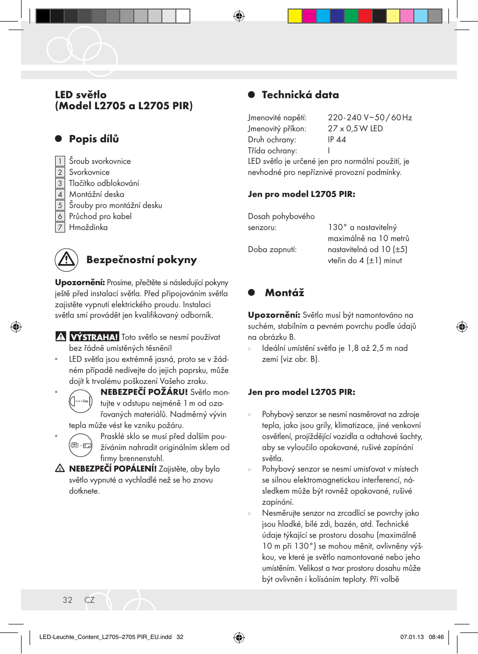 Bezpečnostní pokyny, Technická data, Montáž | Brennenstuhl Power LED Lamp L2705 IP44 27x0,5W 1080lm Energy efficiency class A User Manual | Page 32 / 72