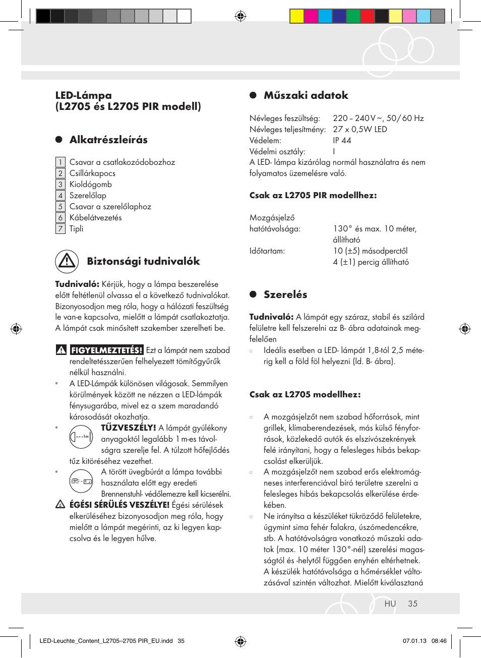 Biztonsági tudnivalók, Műszaki adatok, Szerelés | Brennenstuhl Power LED Lamp L2705 IP44 27x0,5W 1080lm Energy efficiency class A User Manual | Page 35 / 72