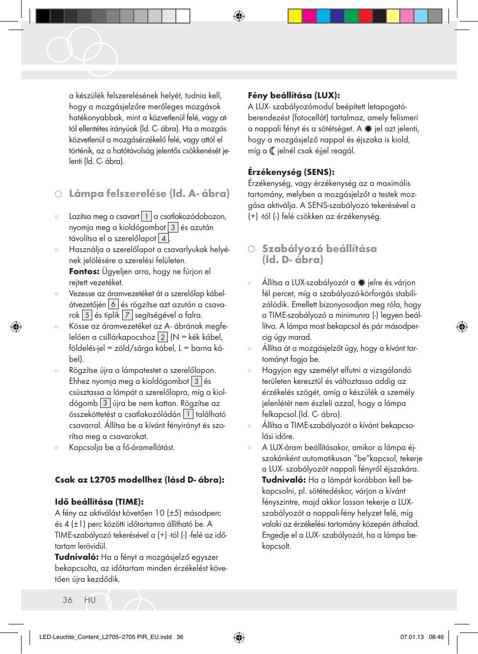 Lámpa felszerelése (ld. a- ábra), Szabályozó beállítása (ld. d- ábra) | Brennenstuhl Power LED Lamp L2705 IP44 27x0,5W 1080lm Energy efficiency class A User Manual | Page 36 / 72